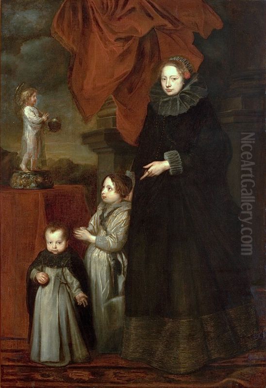 Portrait of Marquise Lomellini, with her children at prayer Oil Painting by Sir Anthony Van Dyck