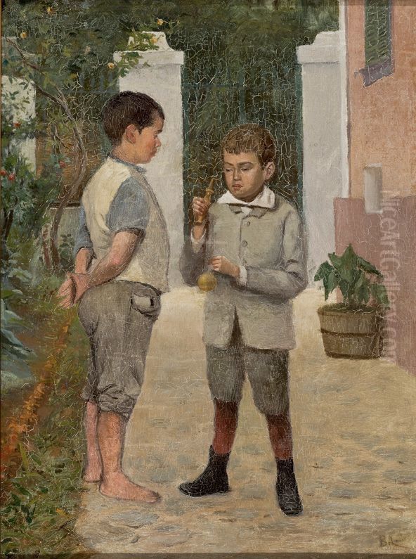 Dois Meninos Jogando Bilboque Oil Painting by Belmiro de Almeida