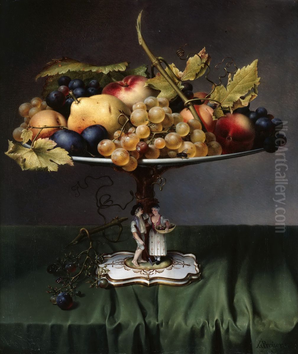 Fruits on a porcelain bowl Oil Painting by Johann Wilhelm Preyer