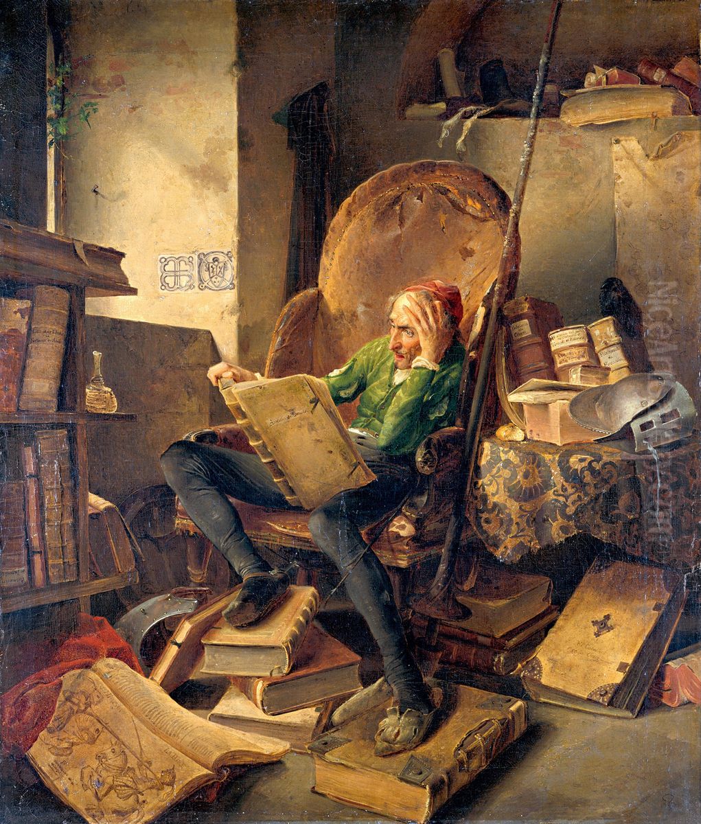 Don Quichotte reading in his armchair Oil Painting by Adolf Schrodter