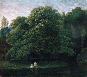 Landscape with two bathing children