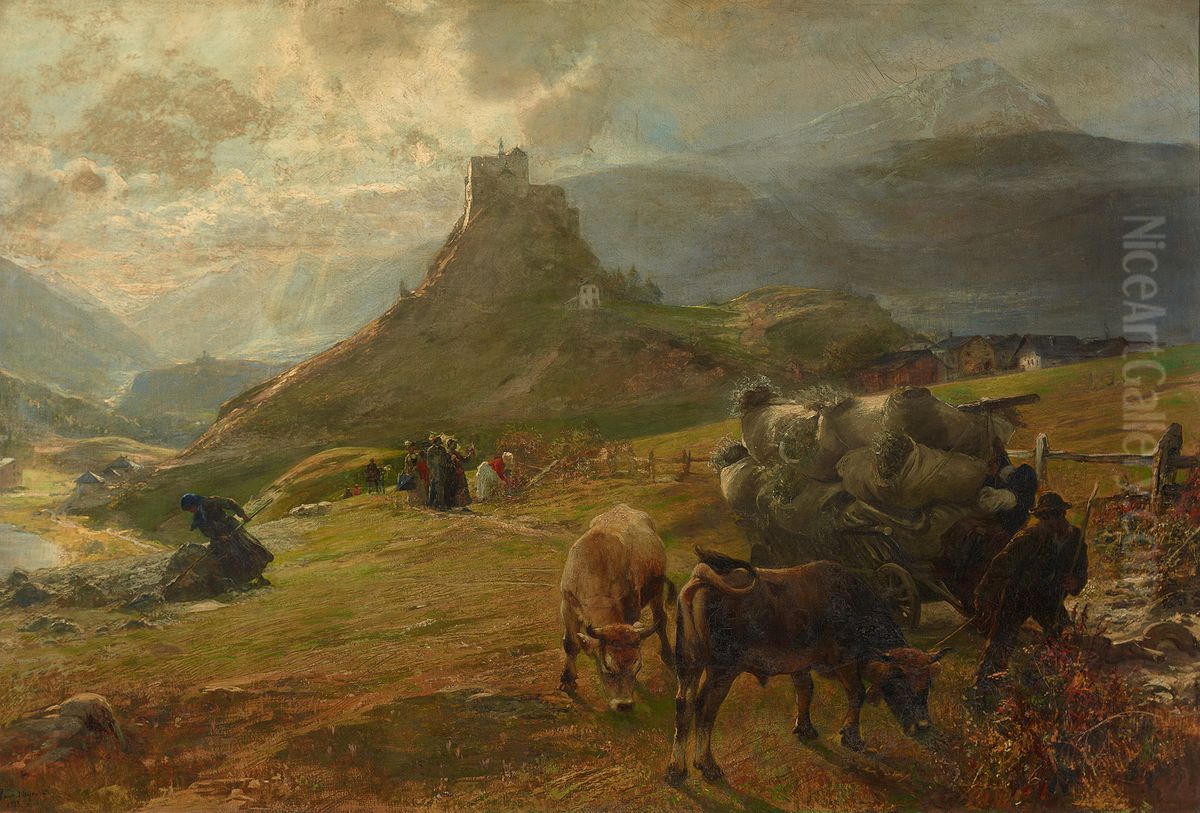 Mountain landscape with cows. Tarasp Oil Painting by Paul Friedrich Meyerheim