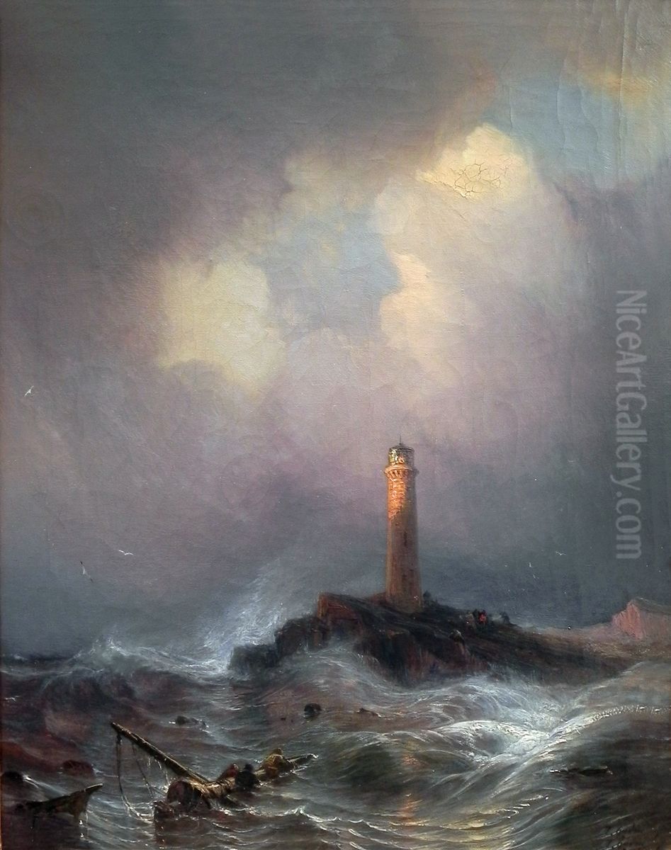 Lighthouse on the Coast of Brittany Oil Painting by Theodore Gudin