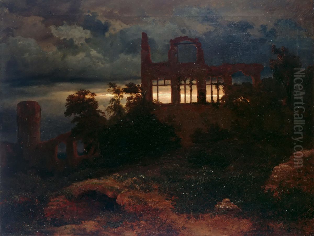 Landscape with Castle Ruins Oil Painting by Arnold Bocklin