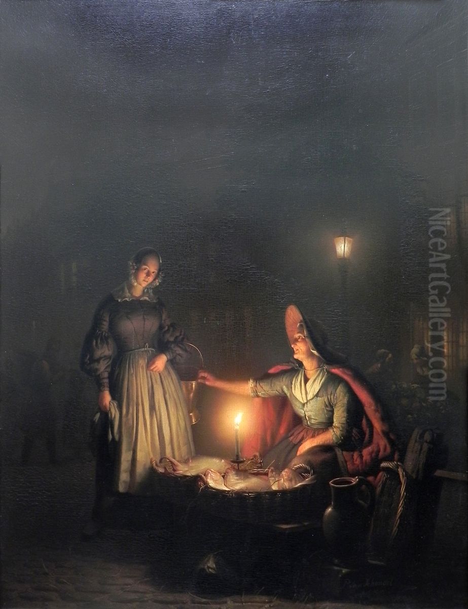 Fish seller. Evening Market Oil Painting by Petrus van Schendel