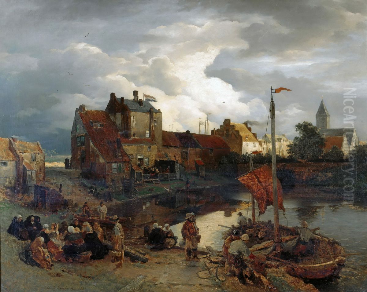 In the port of Ostend Oil Painting by Andreas Achenbach
