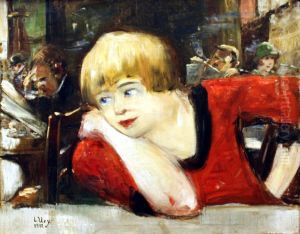 In the cafe - Woman in red