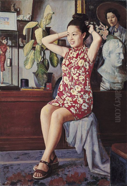 Putting Up Her Hair Oil Painting by Li Mei-shu