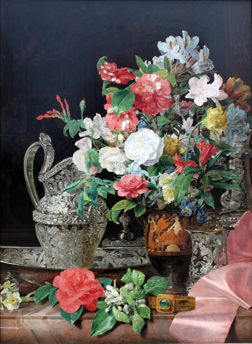 Bouquet with silver vessels and an antique vase Oil Painting by Ferdinand Georg Waldmuller