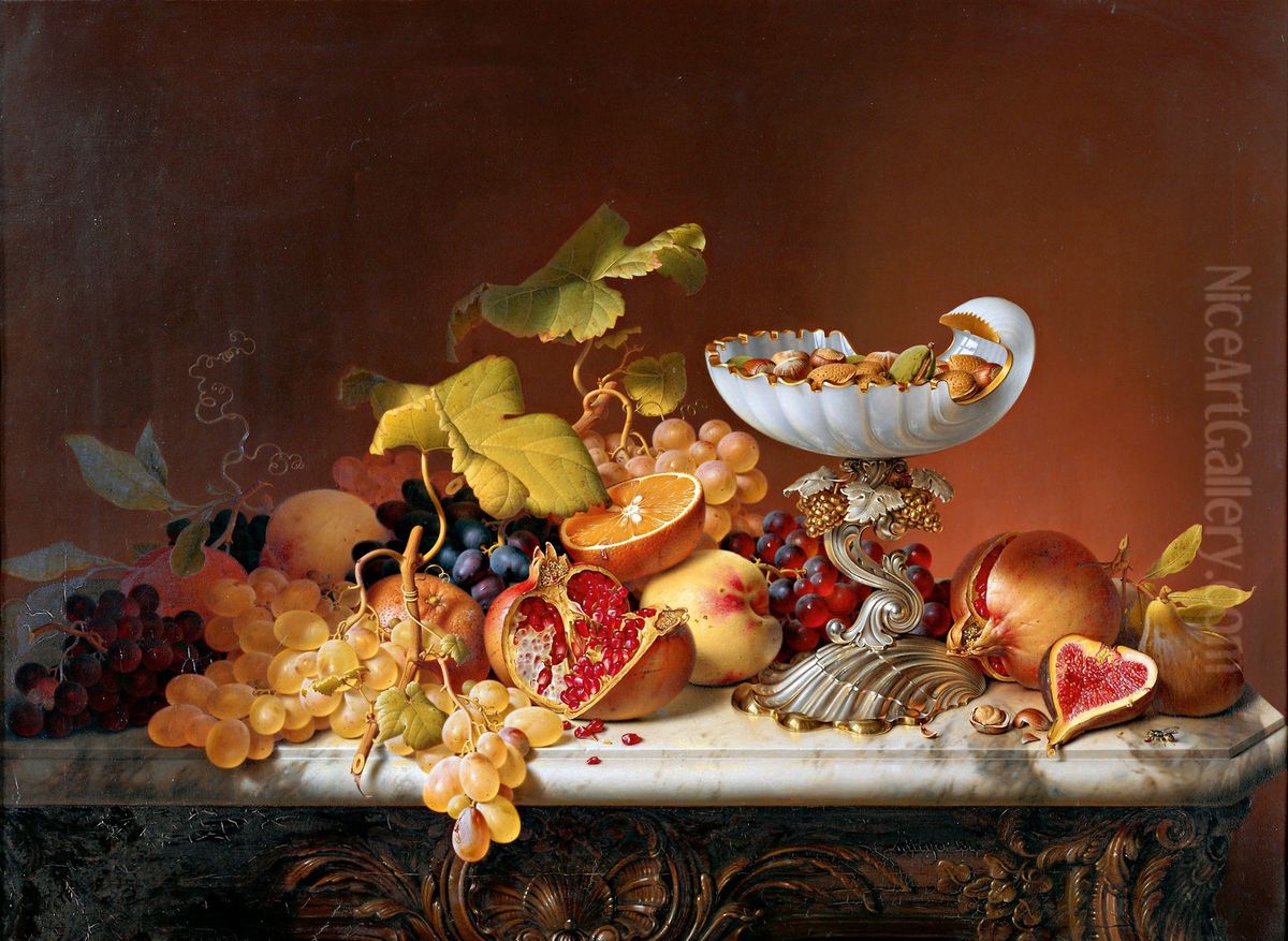 Tropical fruits with milk glass shell in shell shape Oil Painting by Johann Wilhelm Preyer