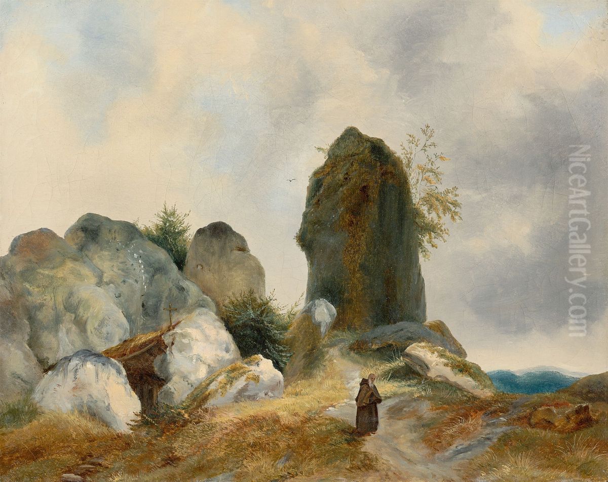 Hermit in a rocky landscape Oil Painting by Carl Blechen