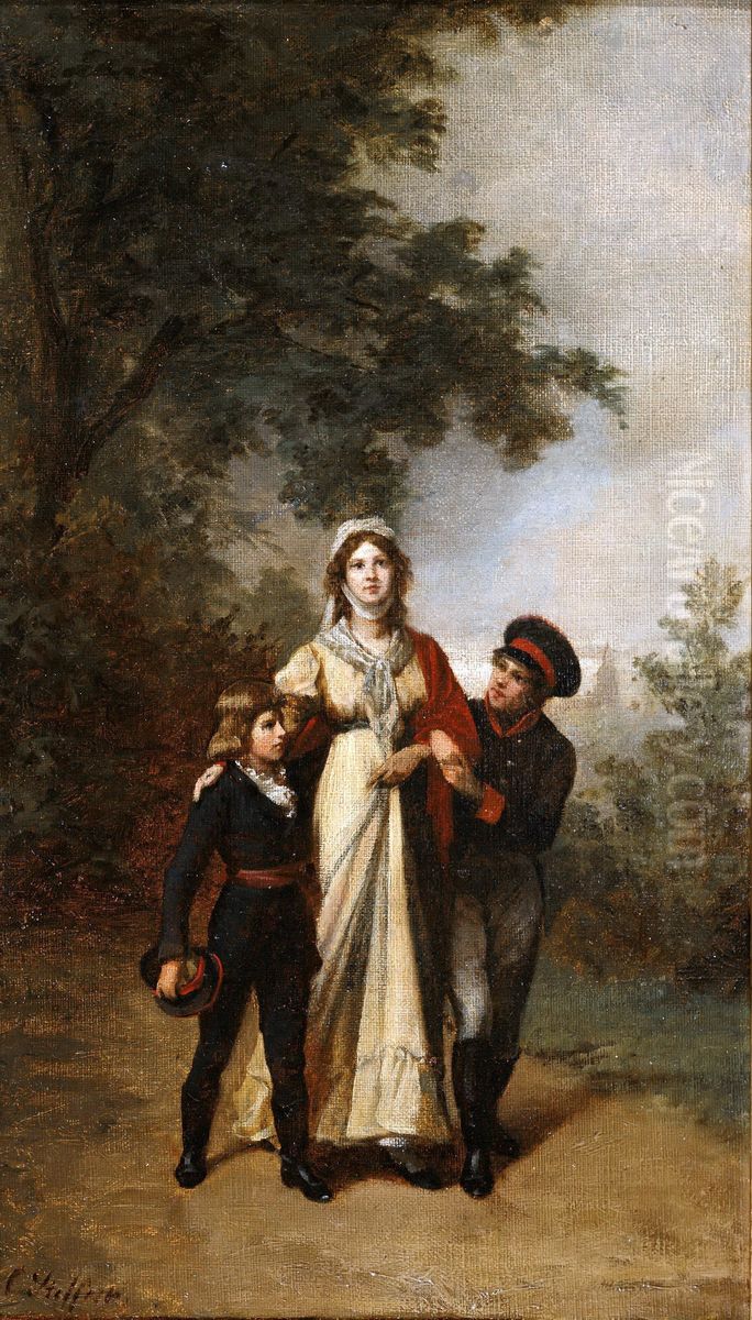 Queen Luise with her sons in the park by Luisenwahl Oil Painting by Carl Steffeck