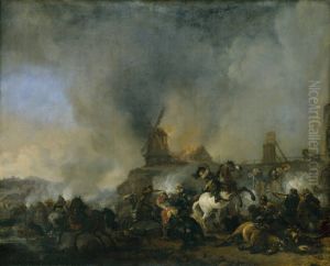 Reitergefecht vor der brennenden Windmuhle