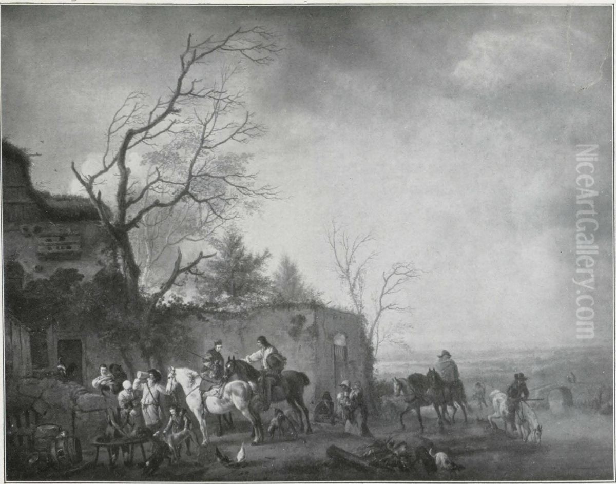 A riidng party taking refreshmentsl Oil Painting by Philips Wouwerman