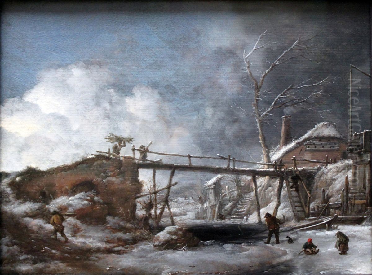 Winter landscape with wooden pier Oil Painting by Philips Wouwerman