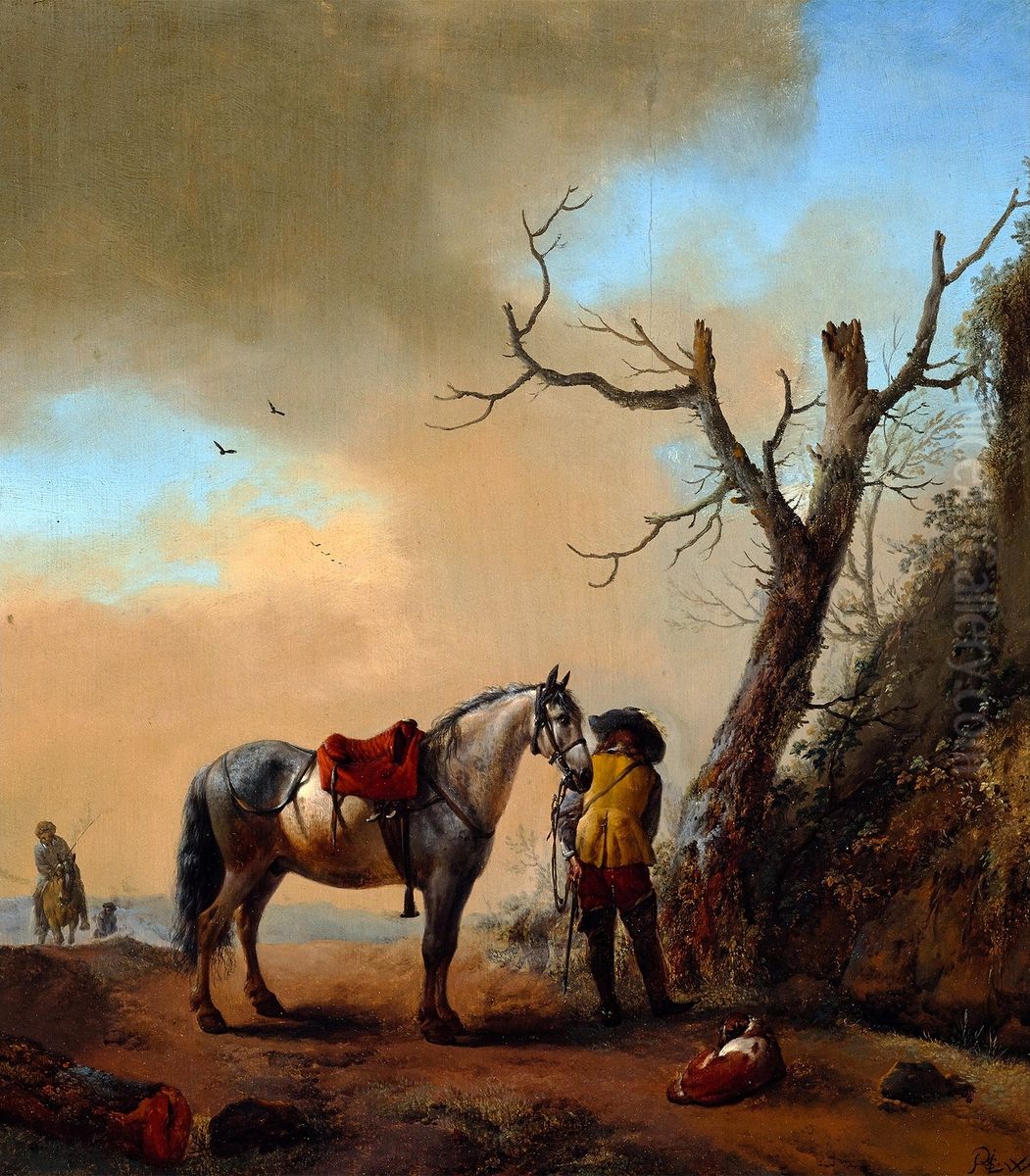 Landscape with grey horse and dismounted rider Oil Painting by Philips Wouwerman
