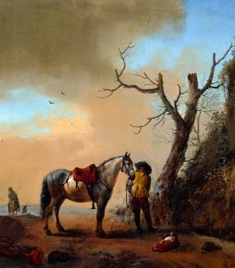 Landscape with grey horse and dismounted rider