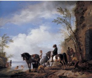 Landscape with three horses, horsemen and bathers near a river Landscape with three horses, horsemen and bathers near a river