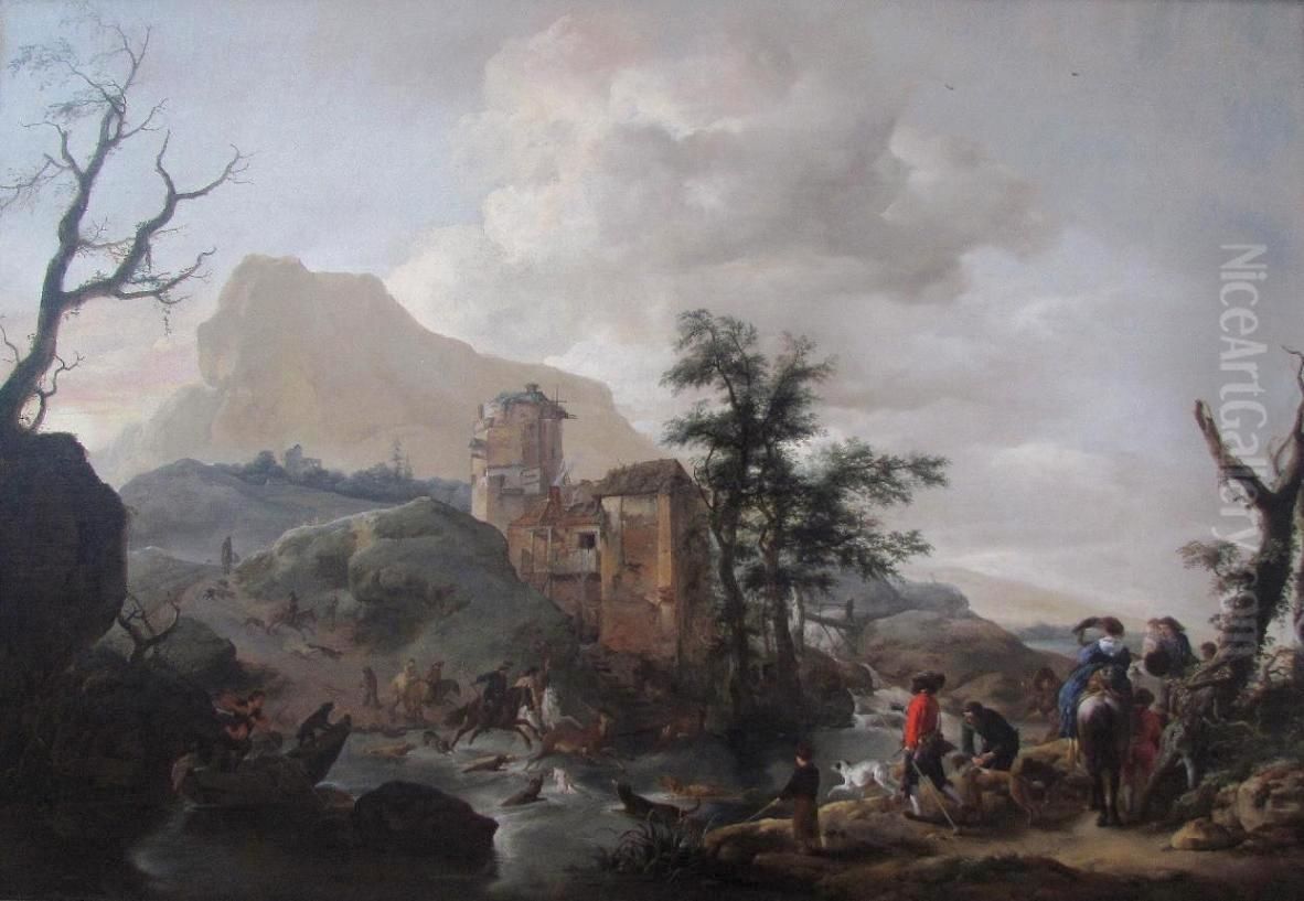Stag Hunt in a River Oil Painting by Philips Wouwerman
