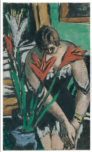 Woman at the toilet with red and white lilies Oil Painting by Max Beckmann
