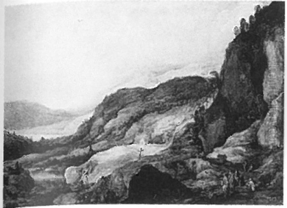 Moutainous landscape with four riders and two beggars Oil Painting by Frans de Momper
