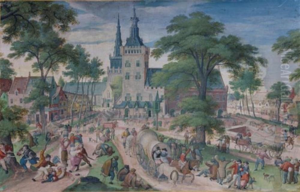 Dorfkirmes vor der Kirche und dem Schloss Oil Painting by Hans Bol