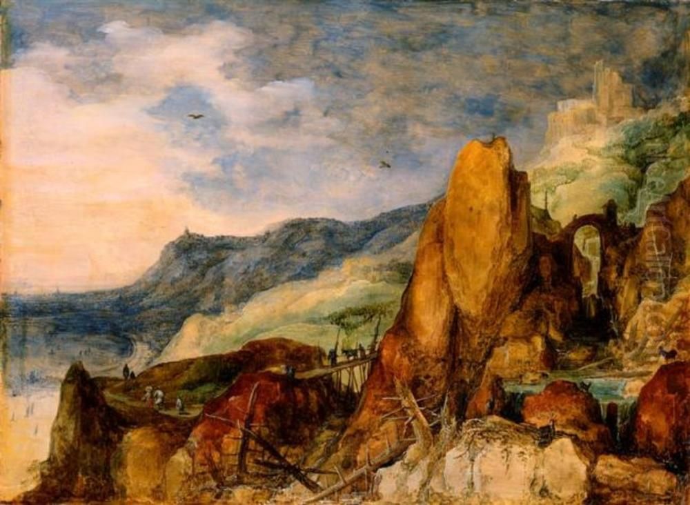 Berglandschaft mit geknickten Tannenstammen im Strom Oil Painting by Joos de Momper the Younger