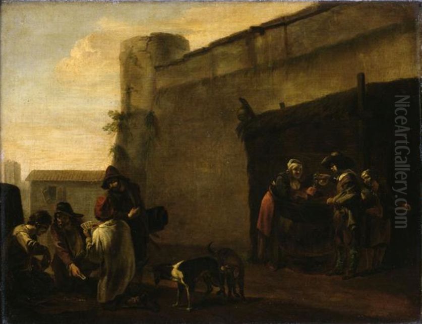 Near the barrel under the enclosure Oil Painting by Pieter van Laer