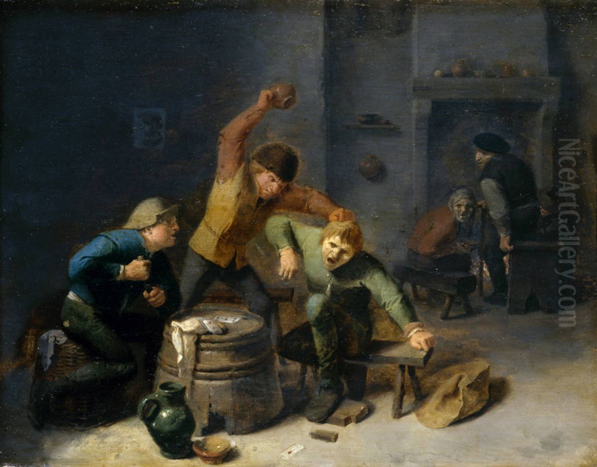 Peasants Brawling over Cards Oil Painting by Adriaen Brouwer