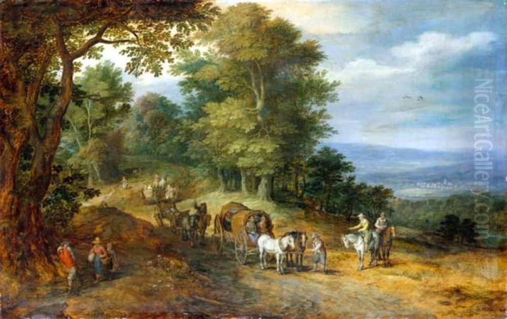 Hilly landscape with figures on a road Oil Painting by Jan Brughel