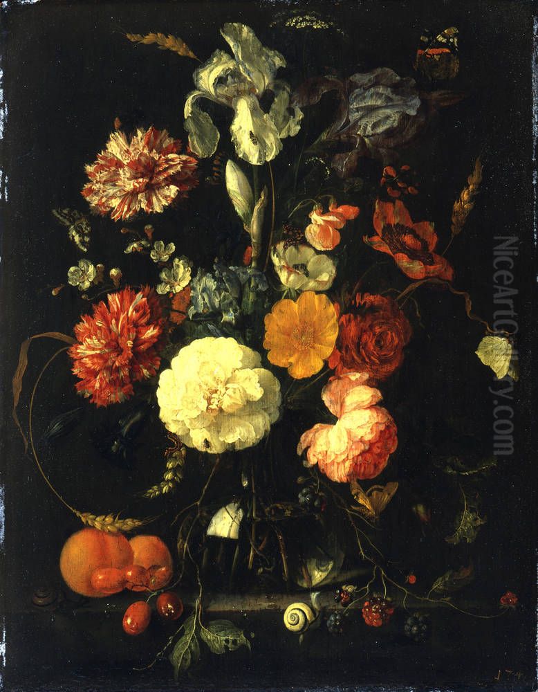 Blumenstrauss mit blauer Schwertlilie in einer Glasflasche Oil Painting by Jan Davidsz. De Heem
