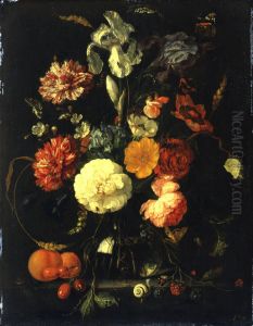 Blumenstrauss mit blauer Schwertlilie in einer Glasflasche