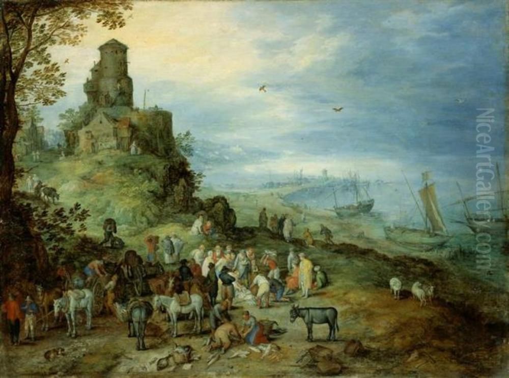 Coastal landscape with the calling of Peter and Andrew Oil Painting by Jan Brughel