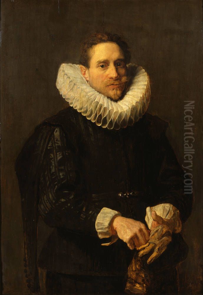Bildnis eines Herrn, der sich die Handschuhe anzieht Oil Painting by Sir Anthony Van Dyck