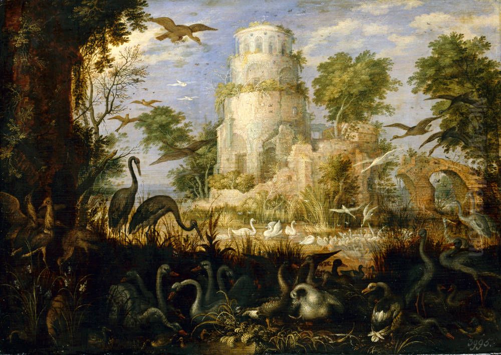 Tower Ruin at a Bird Pond Oil Painting by Roelant Savery