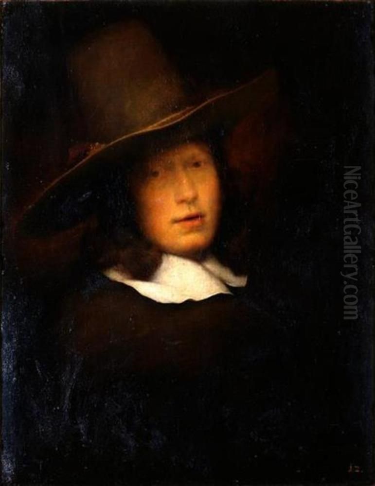 Self-portrait with a grey hat Oil Painting by Christopher Paudiss