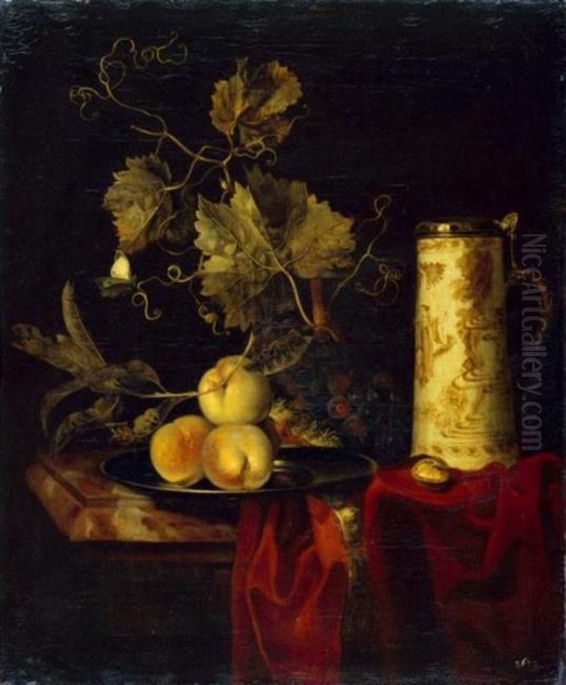 Still life with fruits and beer mug on a dark red robe Oil Painting by Willem Van Aelst