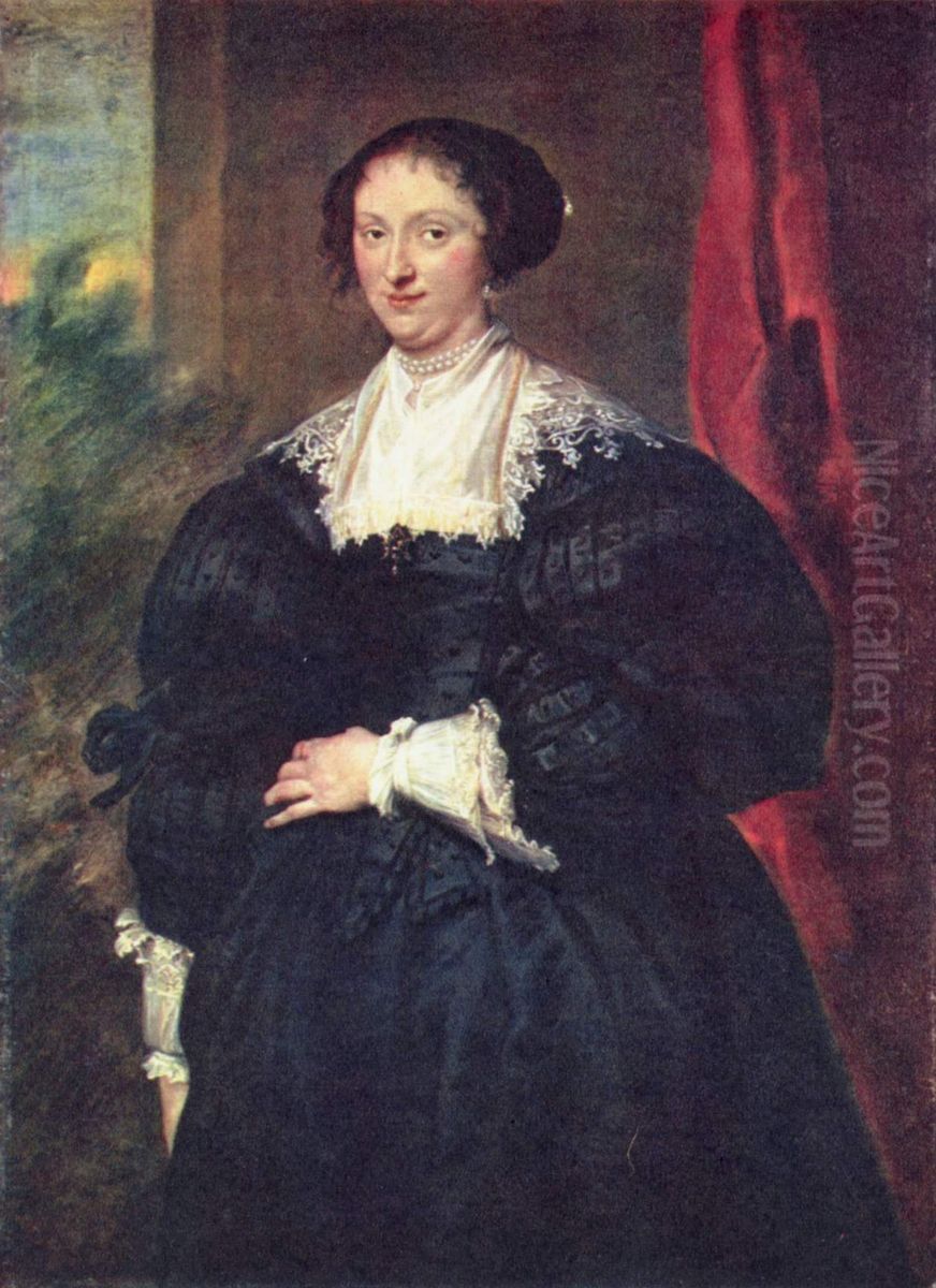 Bildnis einer schwarz gekleideten Dame vor rotem Vorhang Oil Painting by Sir Anthony Van Dyck