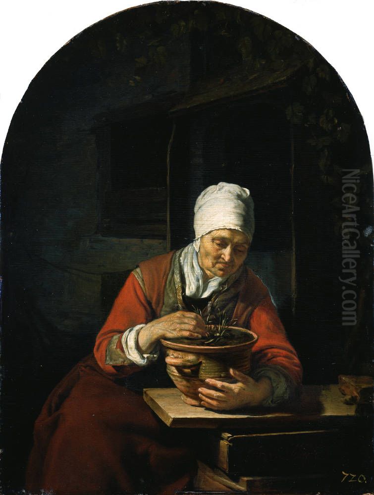 Old Woman with a Flowerpot Oil Painting by Frans van Mieris