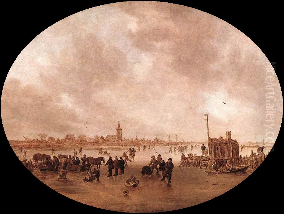 An Ice Track on a Frozen River Oil Painting by Jan van Goyen