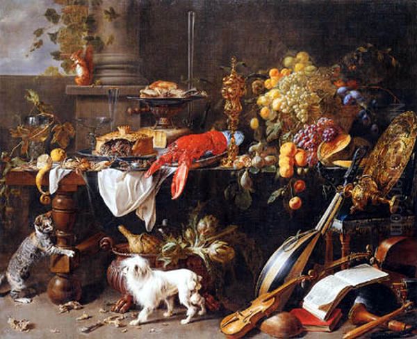 Grosses Stillleben mit Hund und Katze Oil Painting by Adriaen van Utrecht