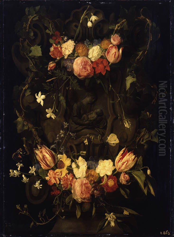 Sculpted cartouche adorned with flowergarlands with a representation of the Virgin and Christ-child Oil Painting by Daniel Seghers