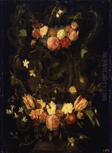 Sculpted cartouche adorned with flowergarlands with a representation of the Virgin and Christ-child