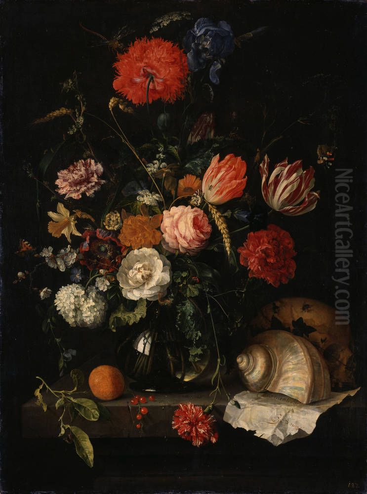 Memento Mori. Ein Totenkopf neben einem Blumenstrauss Oil Painting by Jan Davidsz. De Heem