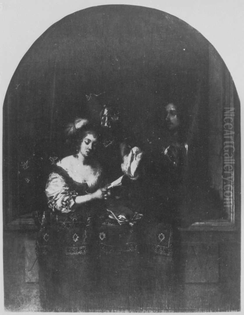 Singende Dame und lautenspielender Herr hinter steinerner Fensterbrustung Oil Painting by Caspar Netscher