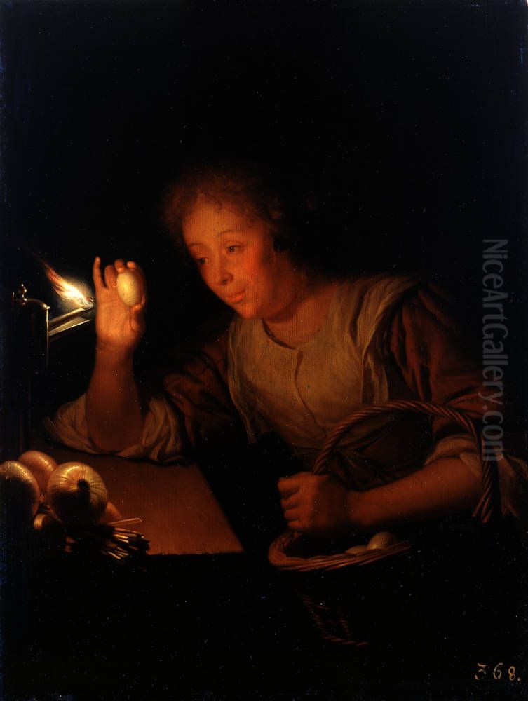 Woman holding an Egg up against a Lamp Oil Painting by Godfried Schalcken