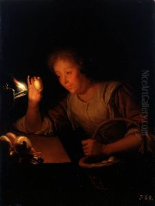 Woman holding an Egg up against a Lamp
