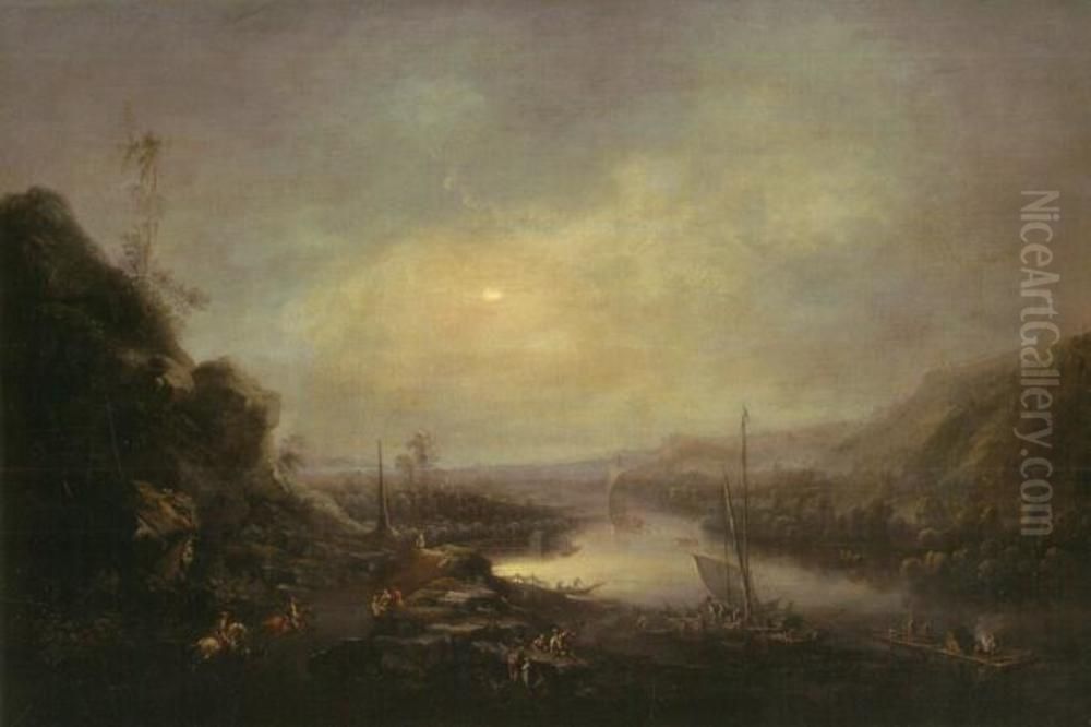 View of the river Elbe at Sornenwitz with the sun rising in the frosty morning Oil Painting by Johann Alexander Thiele