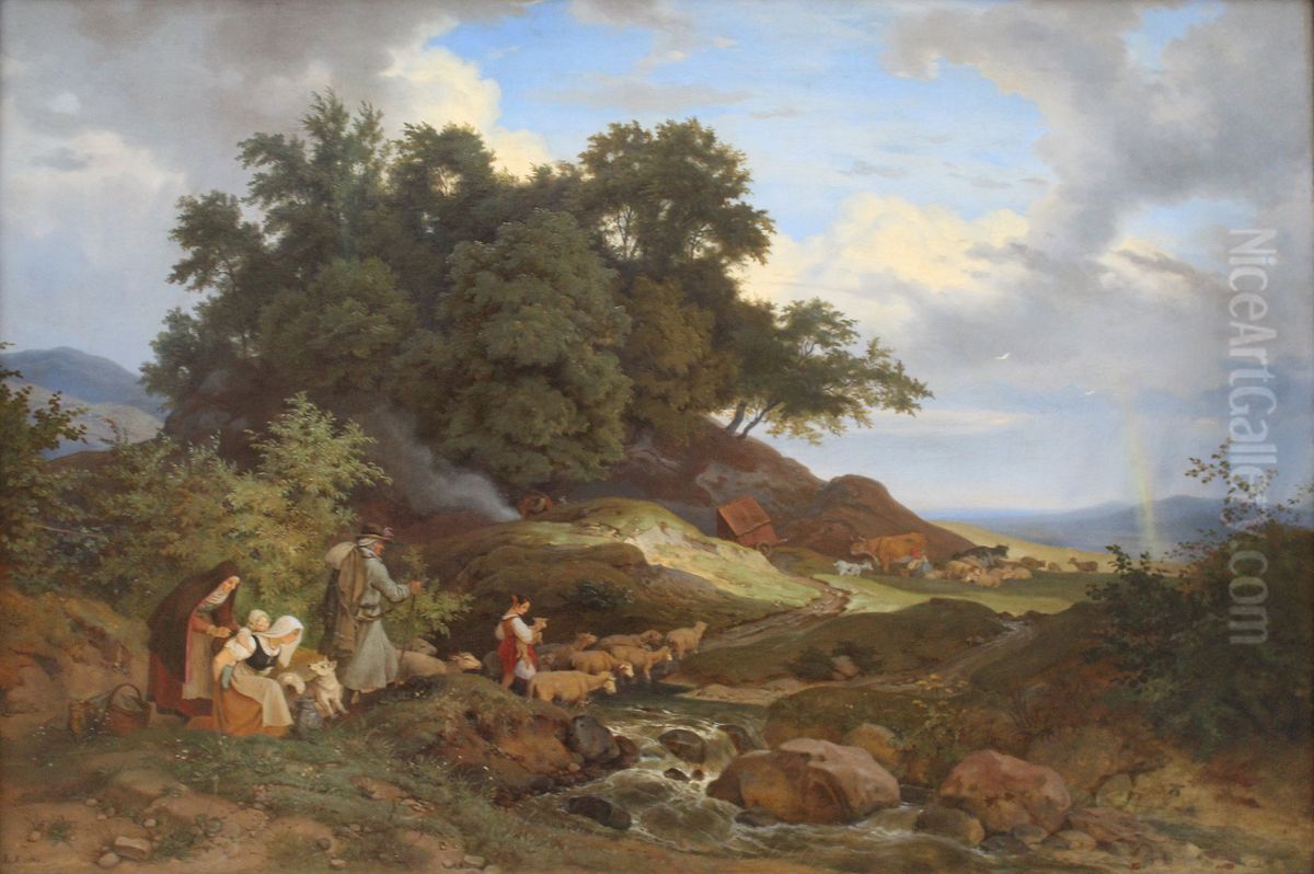 Landscape with rainbow (Bohemian pastoral landscape) Oil Painting by Ludwig Richter