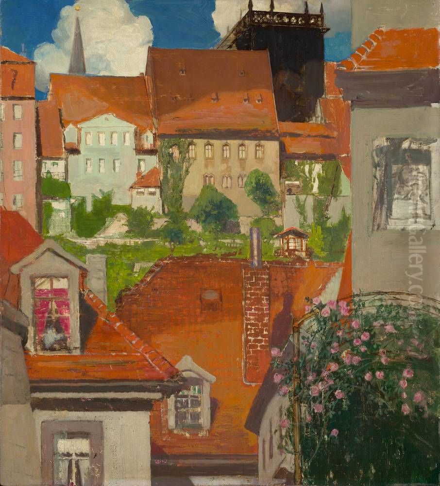 Rote Dacher - Meissen Oil Painting by Oskar Zwintscher
